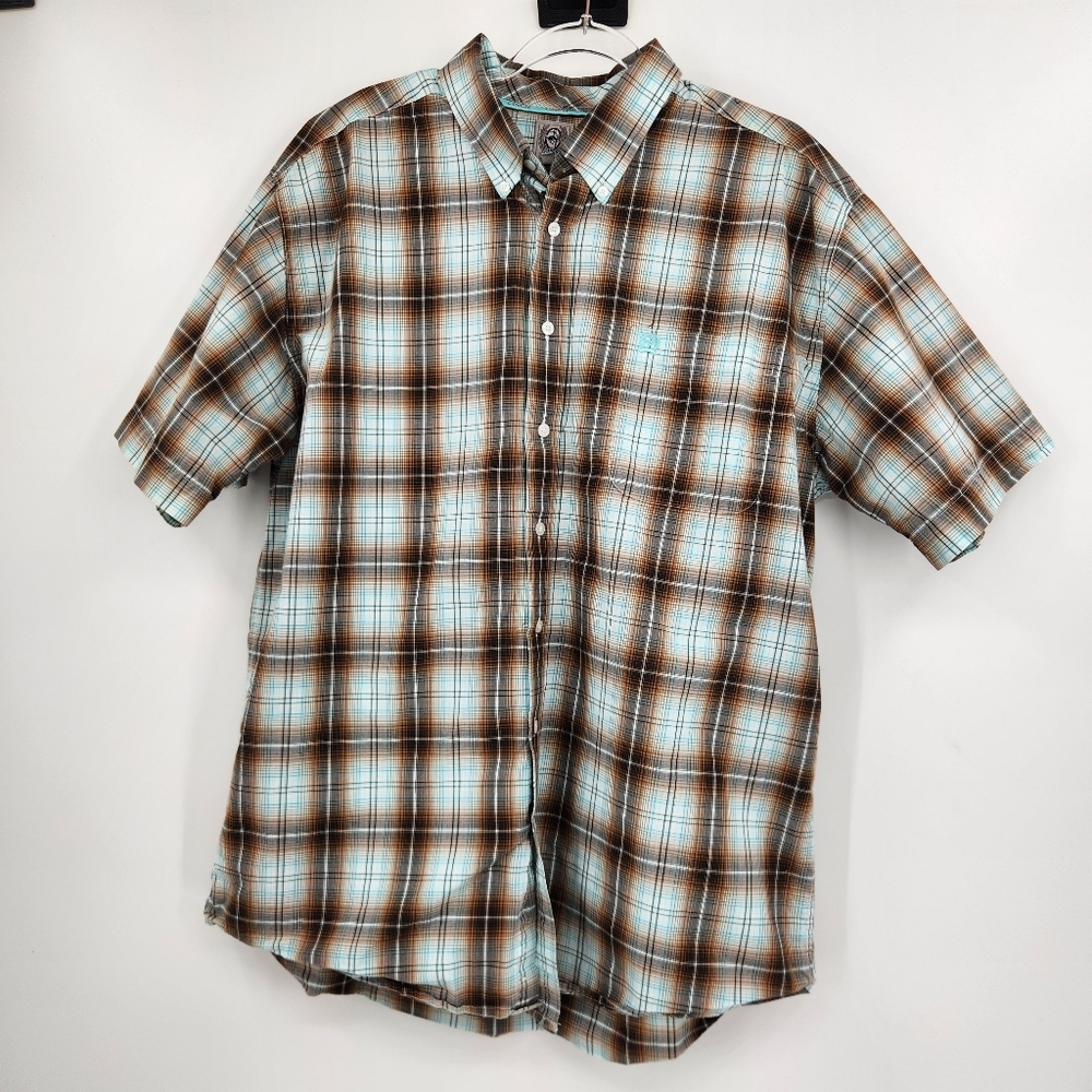 Cinch Short Sleeve Button Front Shirt Mens Size Large Turquoise Brown Plaid